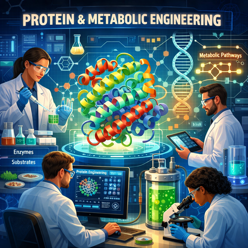 Scientists conducting protein engineering and metabolic pathway research in a lab