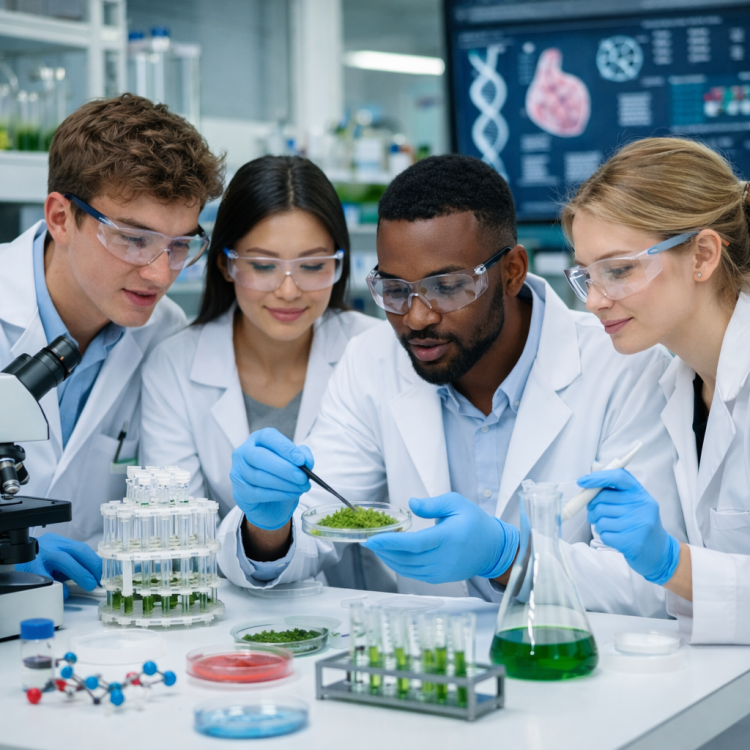 Four scientists in lab coats examining plant samples in petri dishes and test tubes